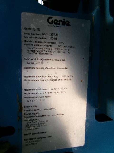 2018 Genie S-45-21