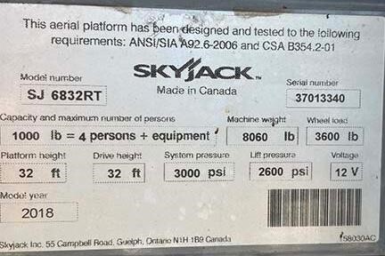 2018 Skyjack SJ-6832RT-8