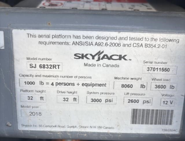 2018 Skyjack SJ-6832RT-5