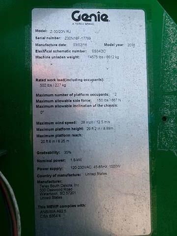 2016 Genie Z-30/20N RJ-14