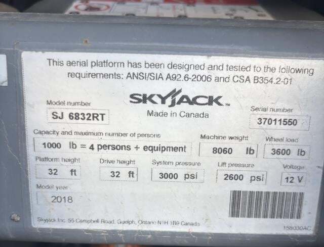 2018 Skyjack SJ-6832RT-5