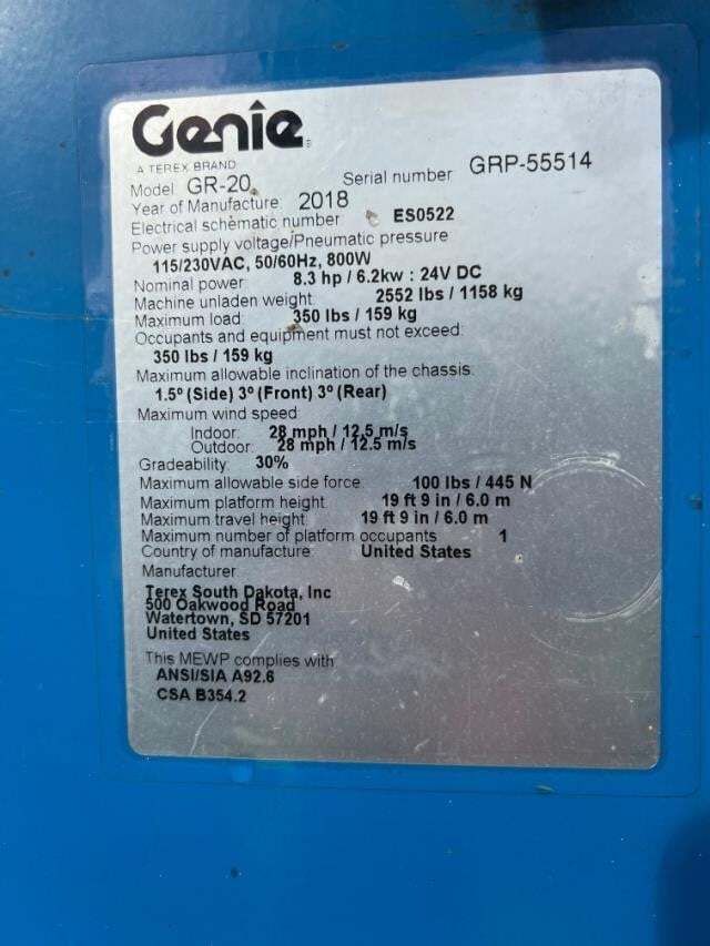2018 Genie GR-20-6