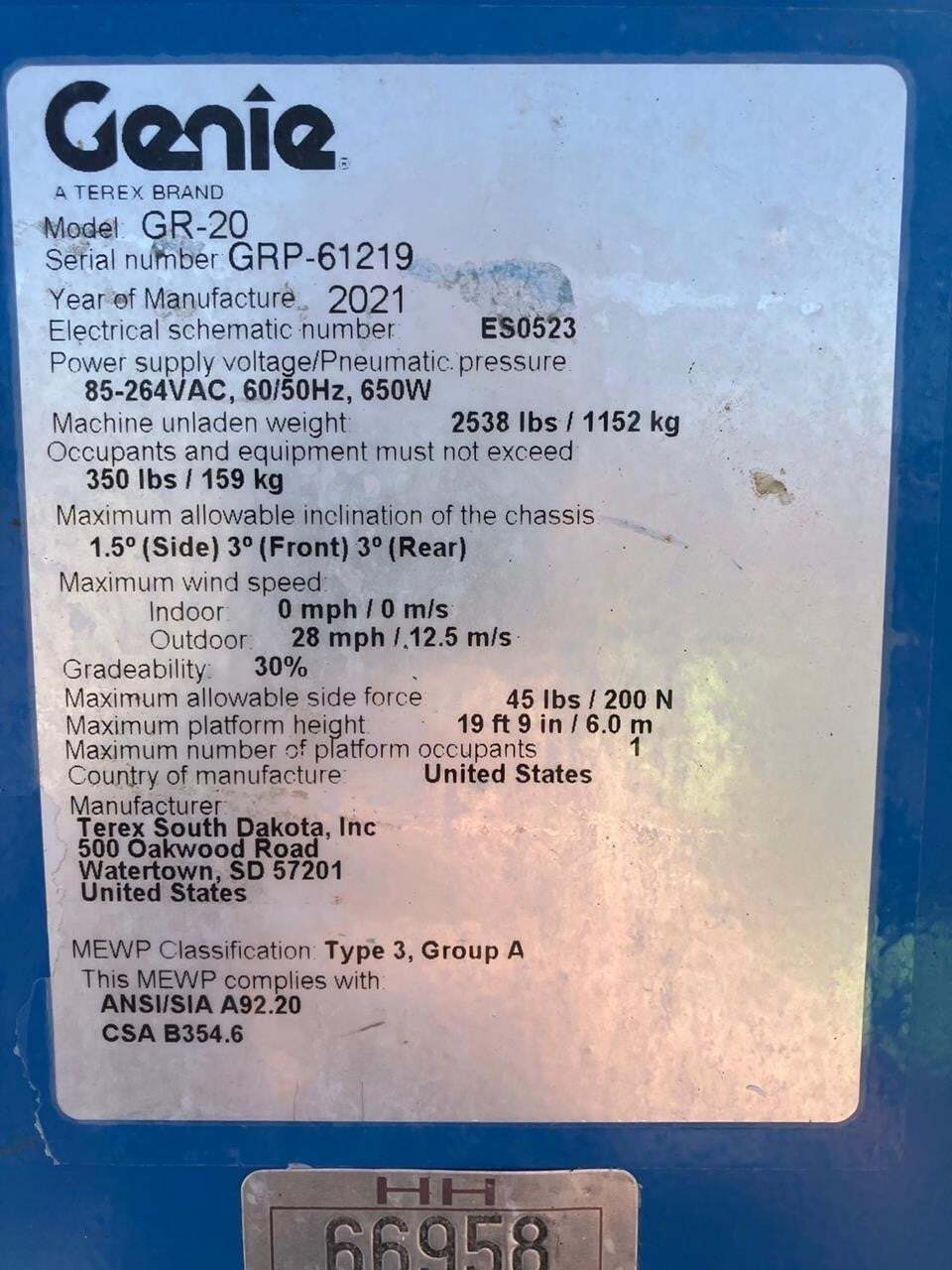 2021 Genie GR-20-6