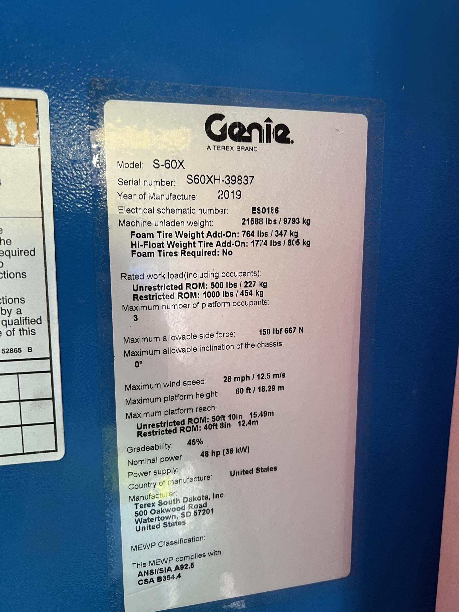 2019 Genie S-60X-9