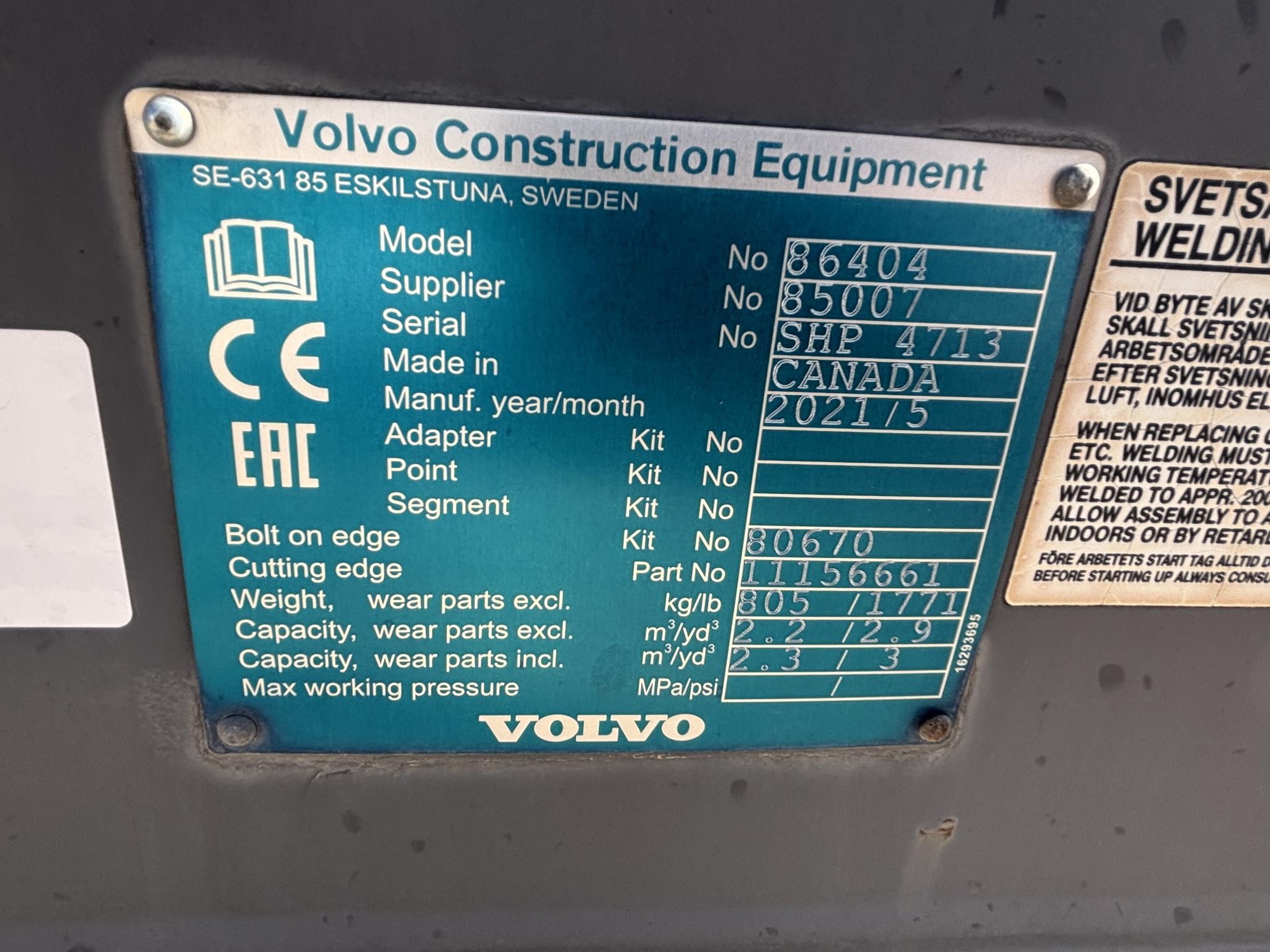 0 Volvo 3 YD QC BUCKET - L70H